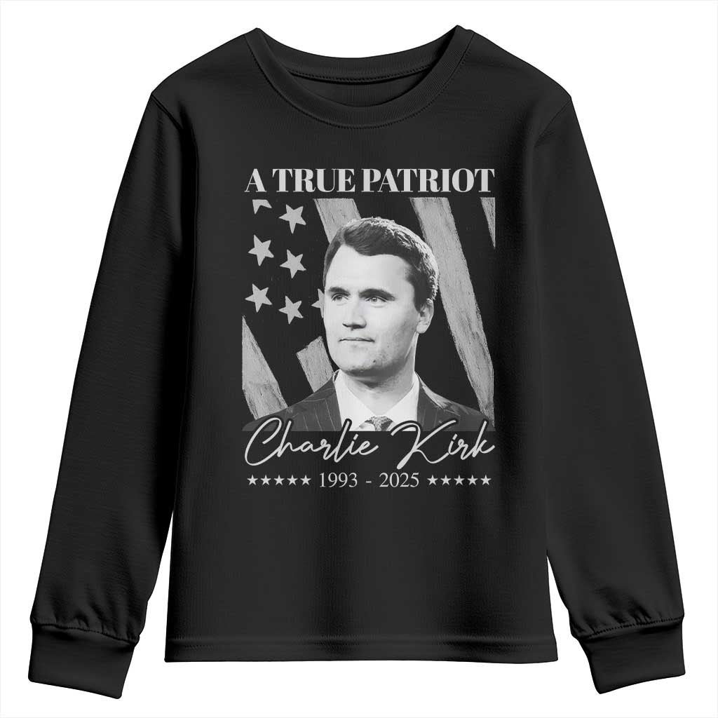 A True Patriot Charlie Kirk Youth Sweatshirt Vintage American Flag - Wonder Print Shop