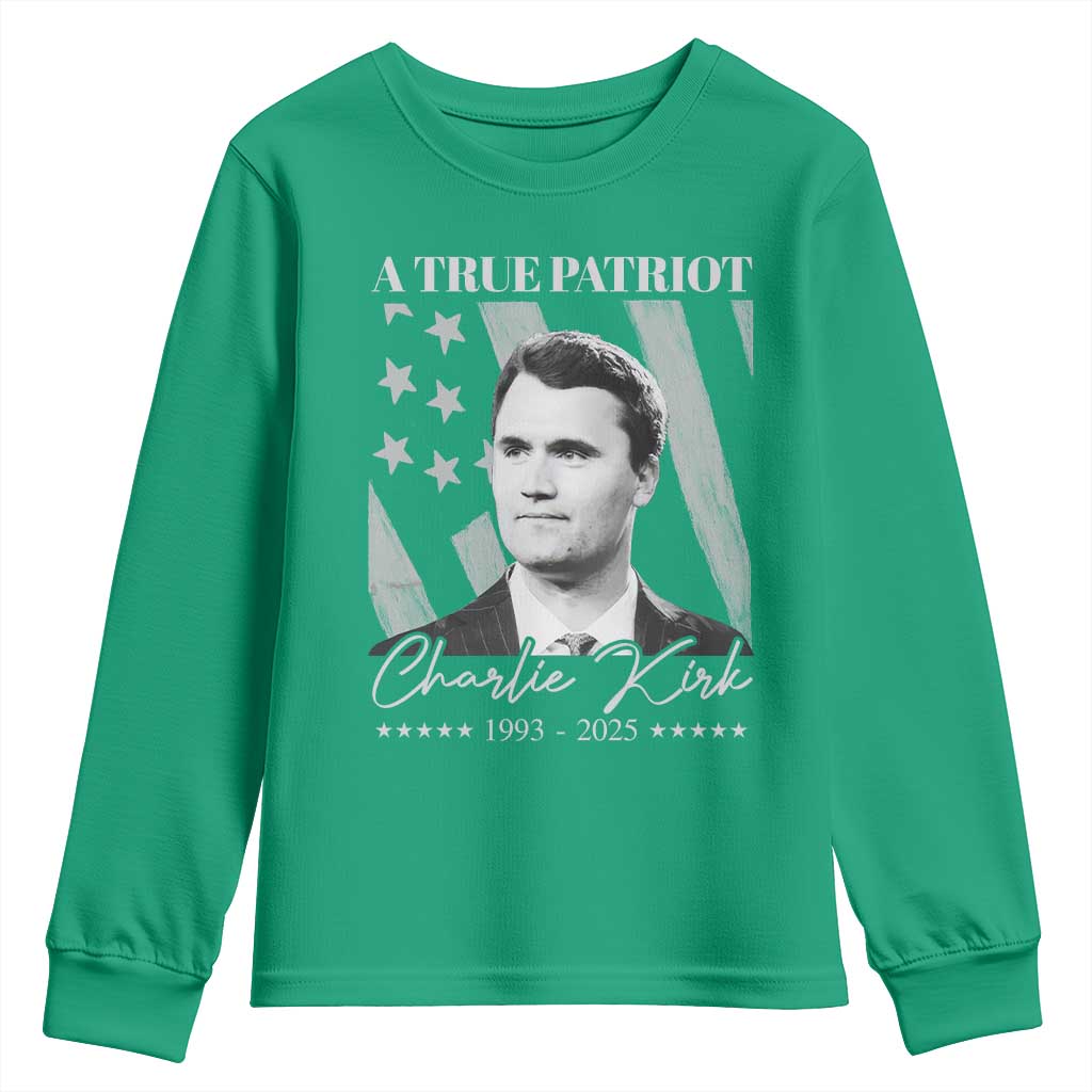 A True Patriot Charlie Kirk Youth Sweatshirt Vintage American Flag - Wonder Print Shop