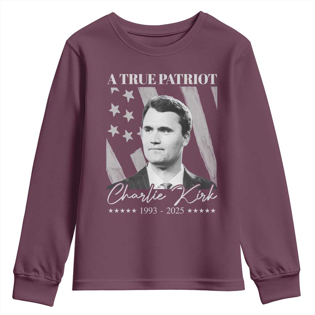 A True Patriot Charlie Kirk Youth Sweatshirt Vintage American Flag - Wonder Print Shop