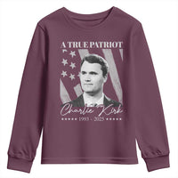 A True Patriot Charlie Kirk Youth Sweatshirt Vintage American Flag - Wonder Print Shop