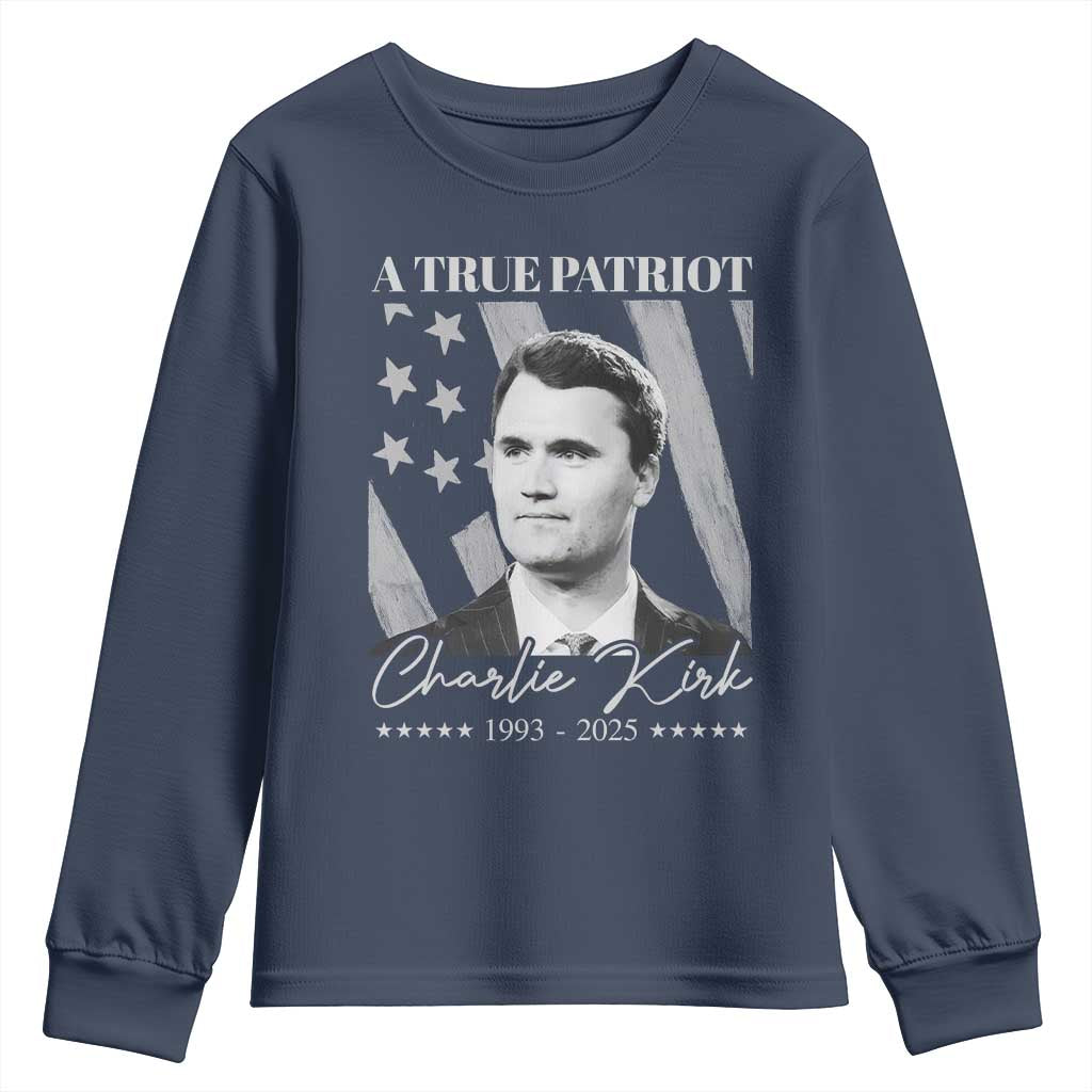 A True Patriot Charlie Kirk Youth Sweatshirt Vintage American Flag - Wonder Print Shop