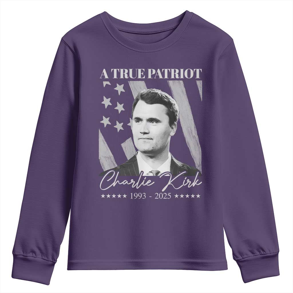 A True Patriot Charlie Kirk Youth Sweatshirt Vintage American Flag - Wonder Print Shop