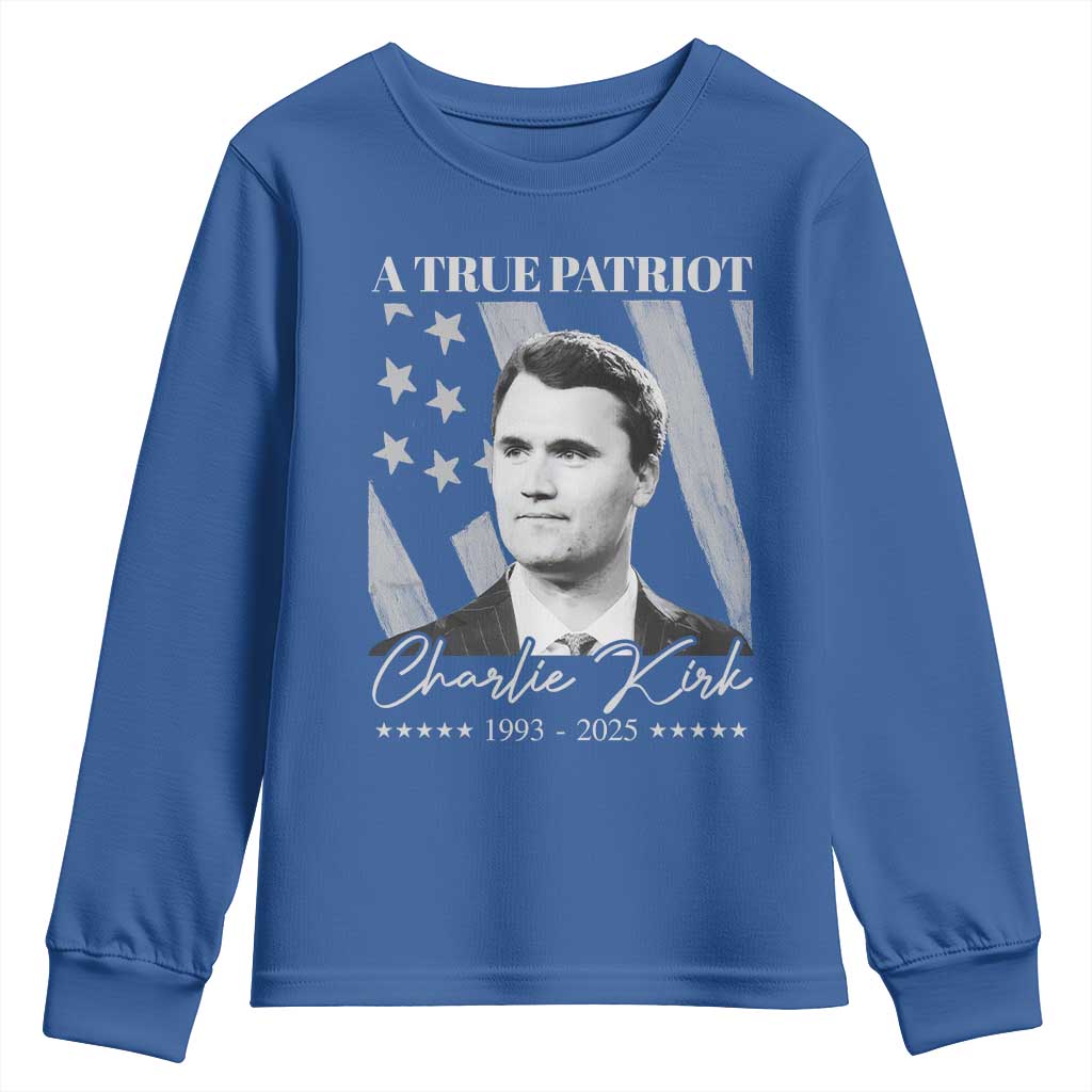 A True Patriot Charlie Kirk Youth Sweatshirt Vintage American Flag - Wonder Print Shop