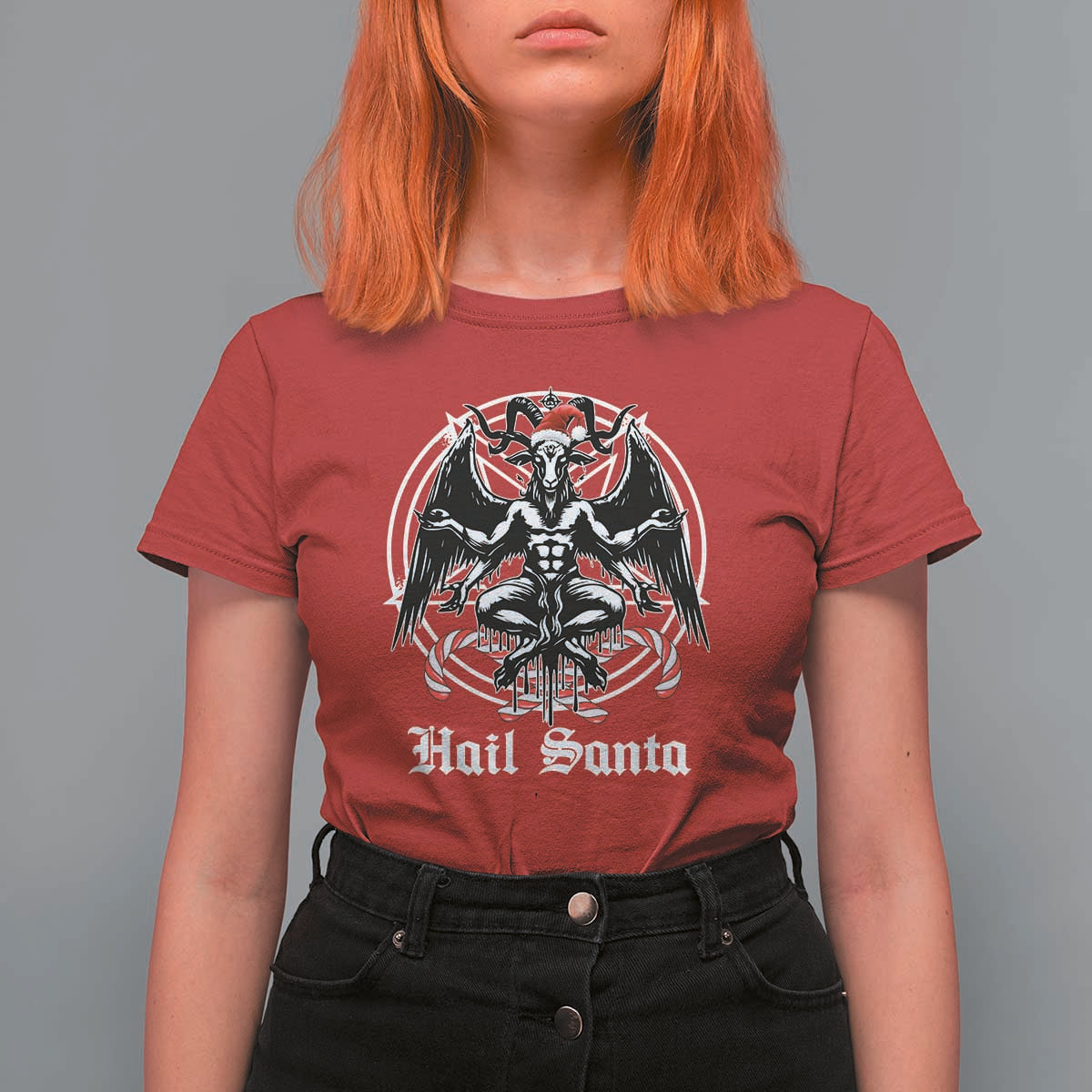 Hail Santa Gothic Christmas T Shirt For Women Baphomet Gothmas Pentagram - Wonder Print Shop