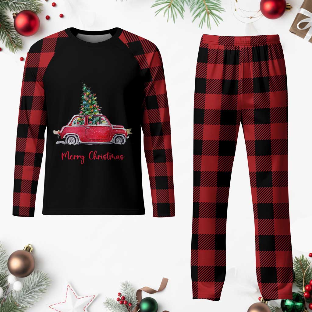 Merry Christmas Plaid Pajama Set Vintage Xmas Tree Car - Wonder Print Shop