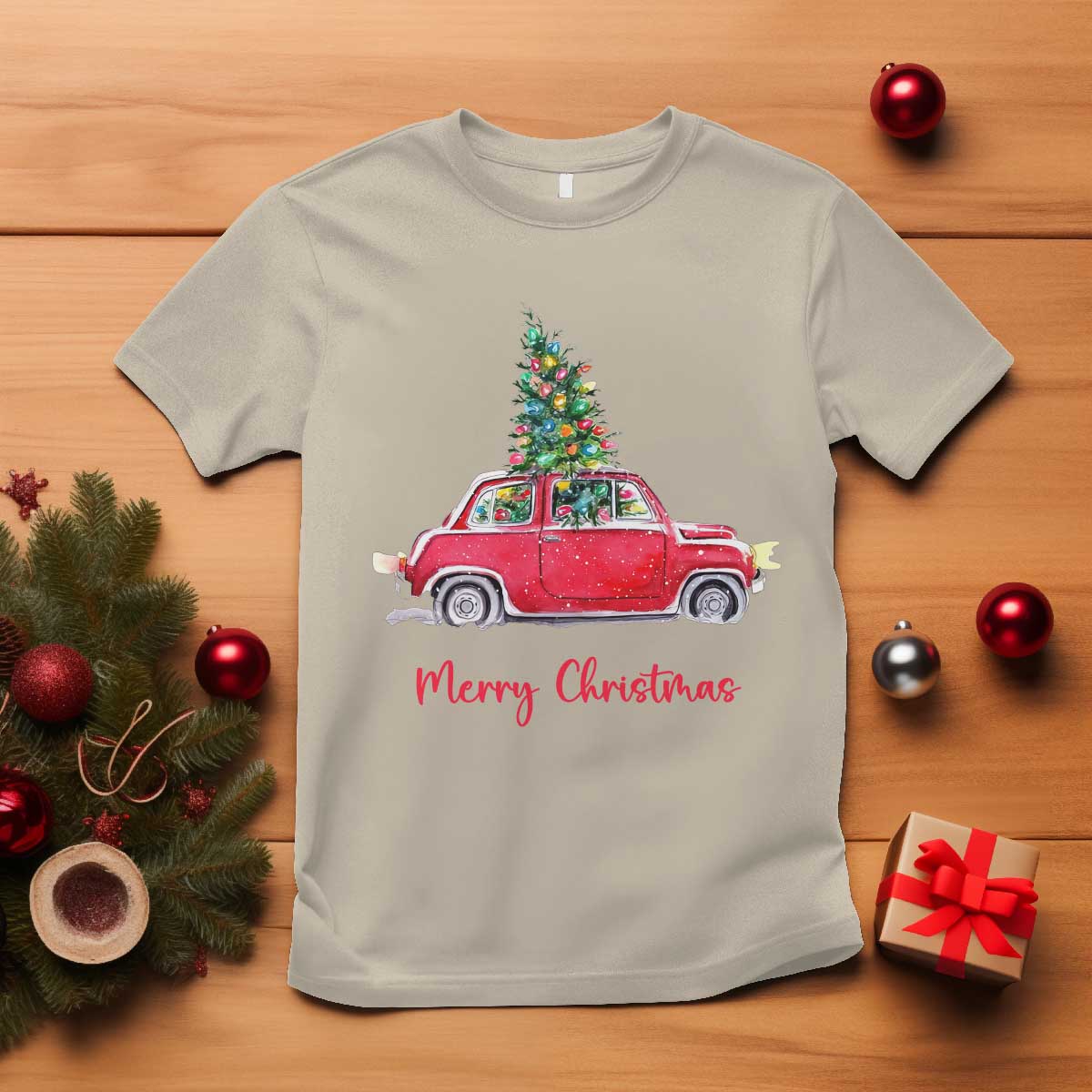 Merry Christmas T Shirt Vintage Xmas Tree Car - Wonder Print Shop