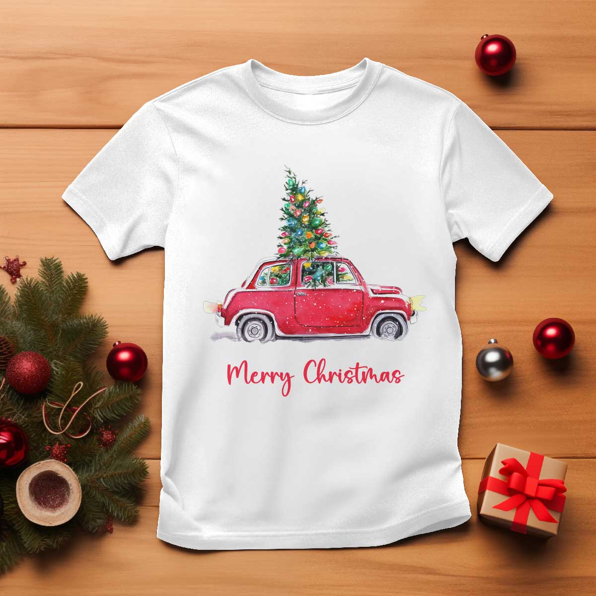 Merry Christmas T Shirt Vintage Xmas Tree Car - Wonder Print Shop