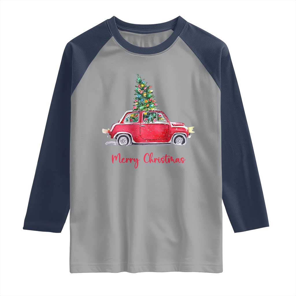 Merry Christmas Raglan Shirt Vintage Xmas Tree Car - Wonder Print Shop