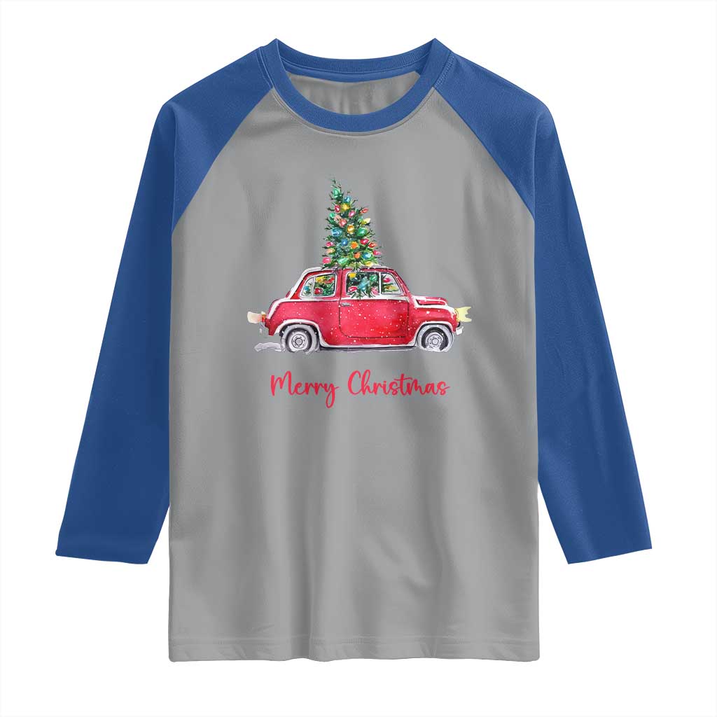 Merry Christmas Raglan Shirt Vintage Xmas Tree Car - Wonder Print Shop