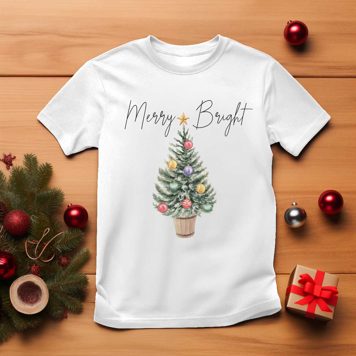 Christmas T Shirt Merry And Bright Retro Xmas Tree - Wonder Print Shop