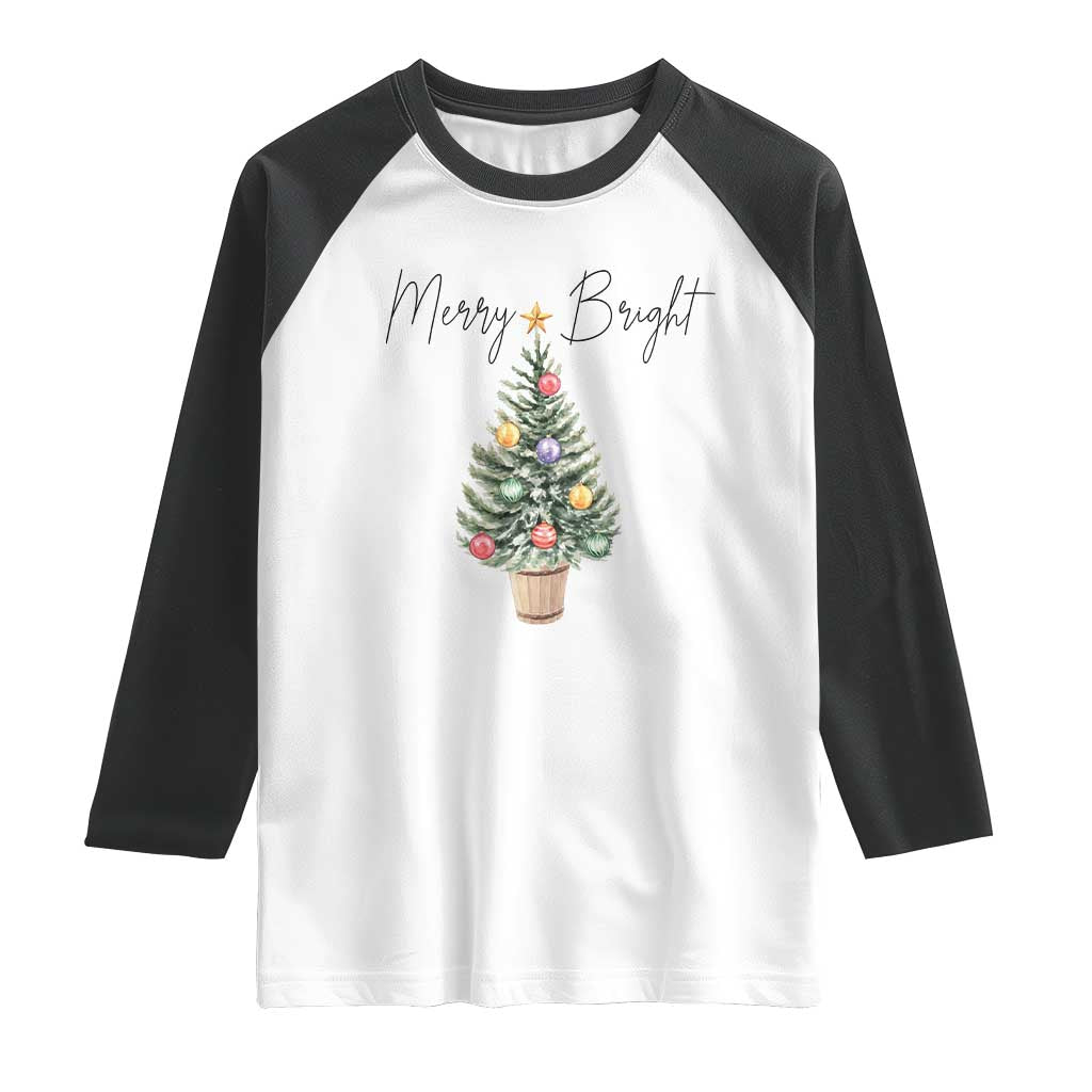 Christmas Raglan Shirt Merry And Bright Retro Xmas Tree - Wonder Print Shop