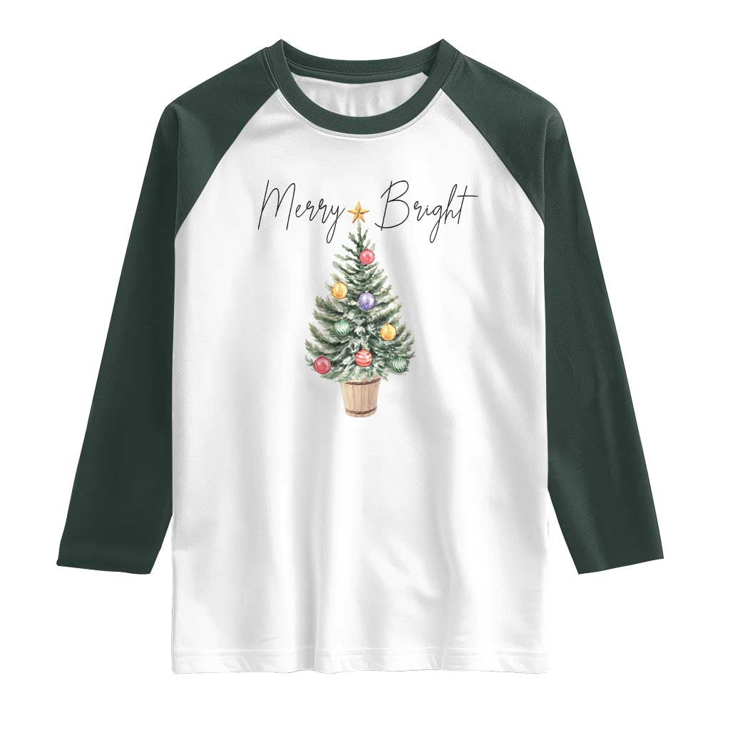 Christmas Raglan Shirt Merry And Bright Retro Xmas Tree - Wonder Print Shop