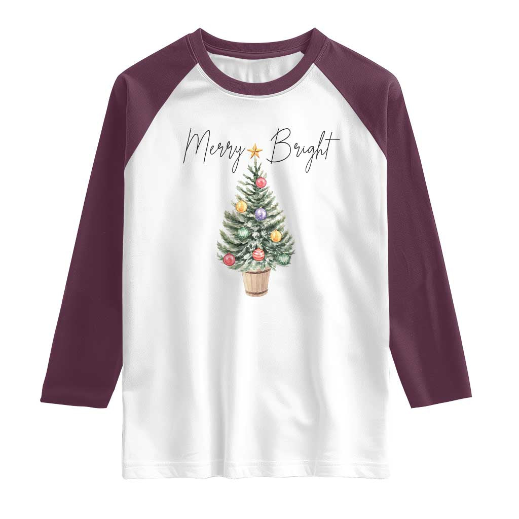 Christmas Raglan Shirt Merry And Bright Retro Xmas Tree - Wonder Print Shop