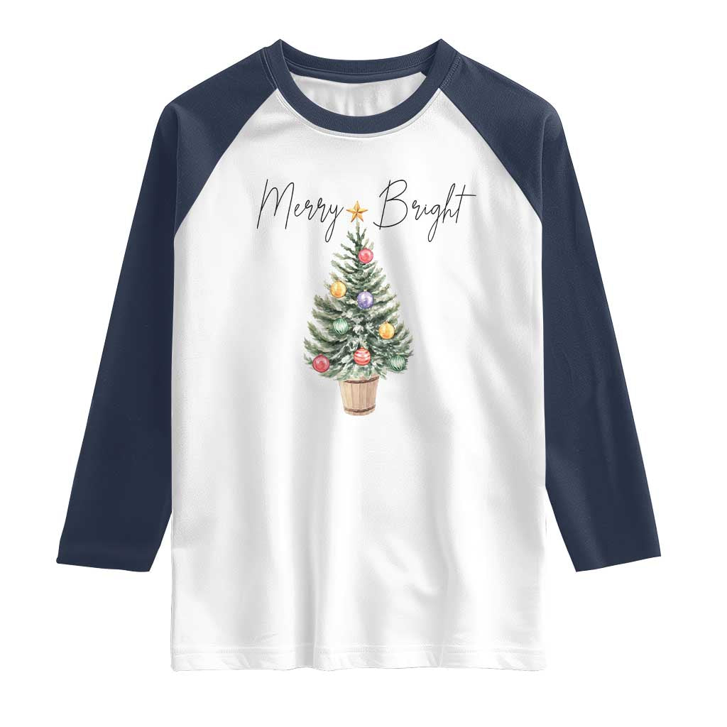 Christmas Raglan Shirt Merry And Bright Retro Xmas Tree - Wonder Print Shop