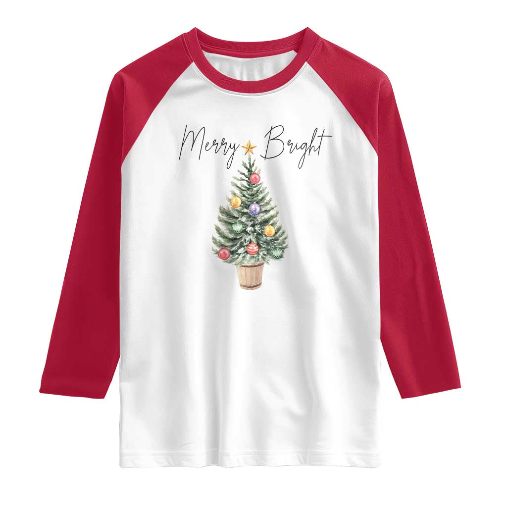 Christmas Raglan Shirt Merry And Bright Retro Xmas Tree - Wonder Print Shop