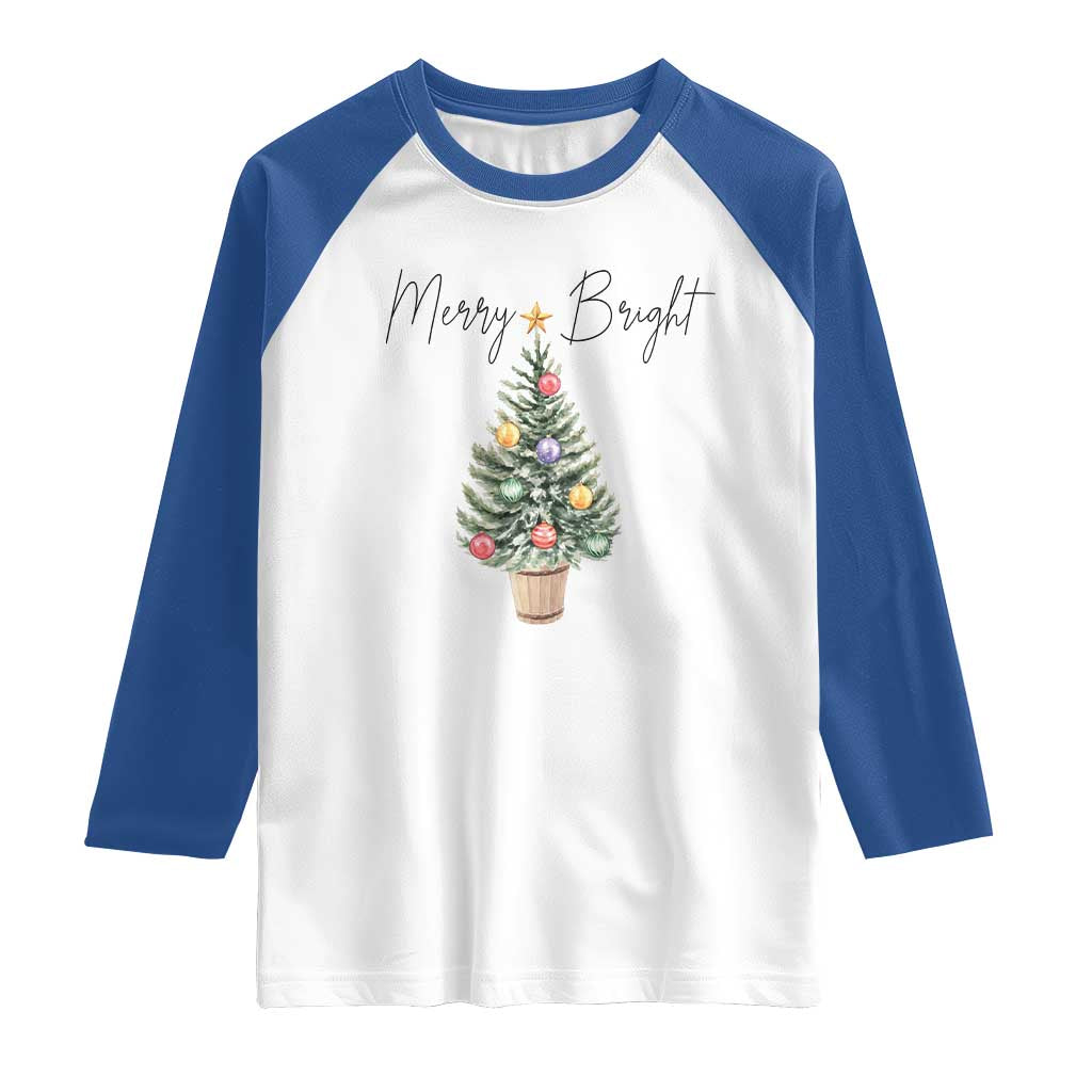 Christmas Raglan Shirt Merry And Bright Retro Xmas Tree - Wonder Print Shop
