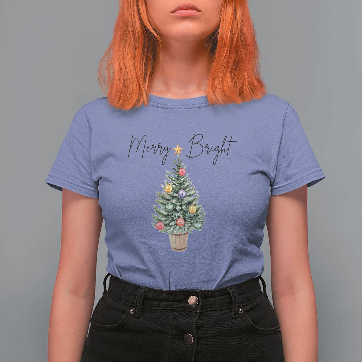 Christmas T Shirt For Women Merry And Bright Retro Xmas Tree - Wonder Print Shop