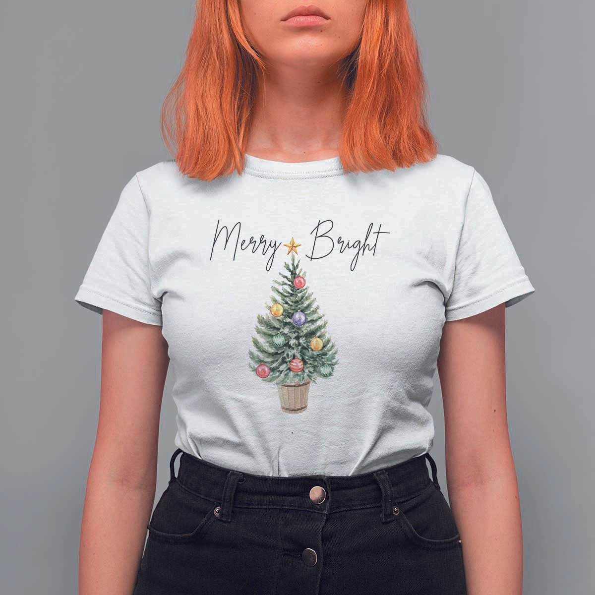 Christmas T Shirt For Women Merry And Bright Retro Xmas Tree - Wonder Print Shop