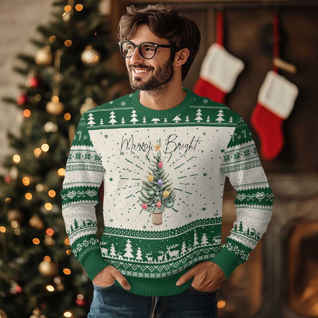 Xmas Ugly Christmas Sweater Merry And Bright Retro Xmas Tree - Wonder Print Shop