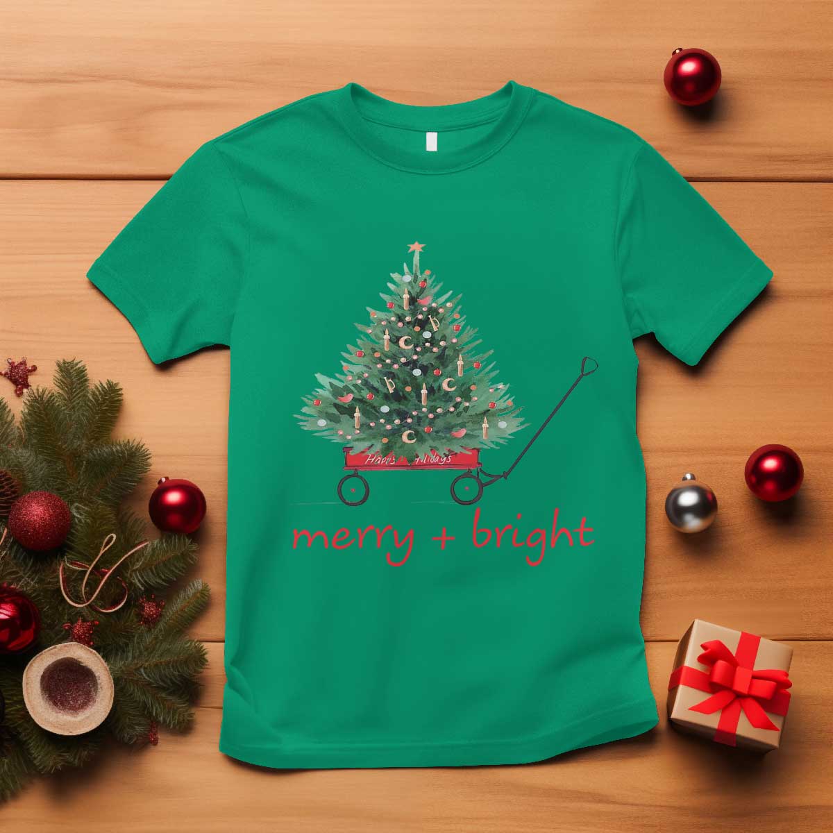 Christmas T Shirt Merry And Bright Retro Xmas Tree Wagon - Wonder Print Shop