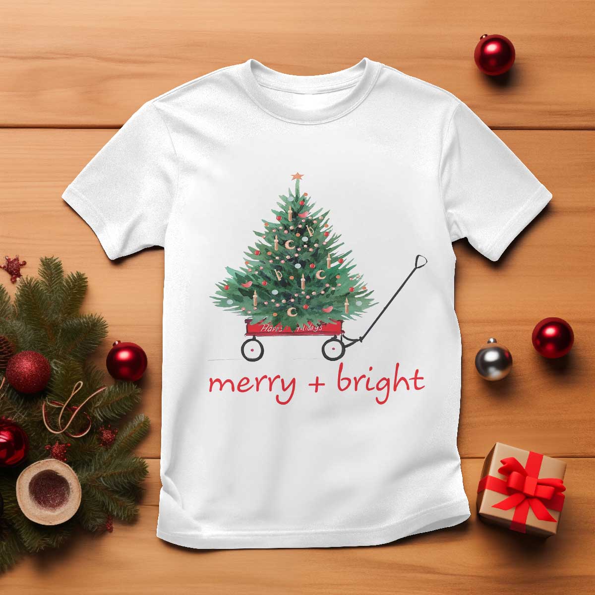 Christmas T Shirt Merry And Bright Retro Xmas Tree Wagon - Wonder Print Shop