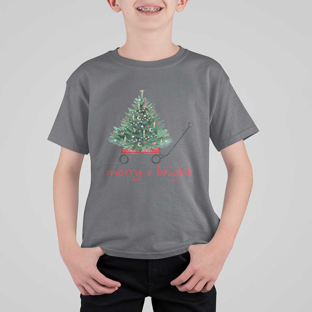 Christmas T Shirt For Kid Merry And Bright Retro Xmas Tree Wagon - Wonder Print Shop