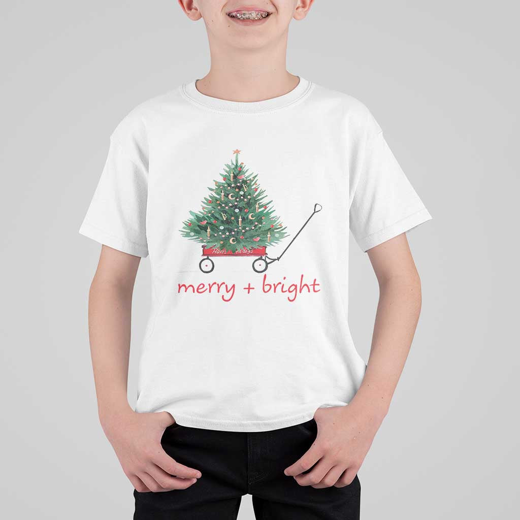 Christmas T Shirt For Kid Merry And Bright Retro Xmas Tree Wagon - Wonder Print Shop