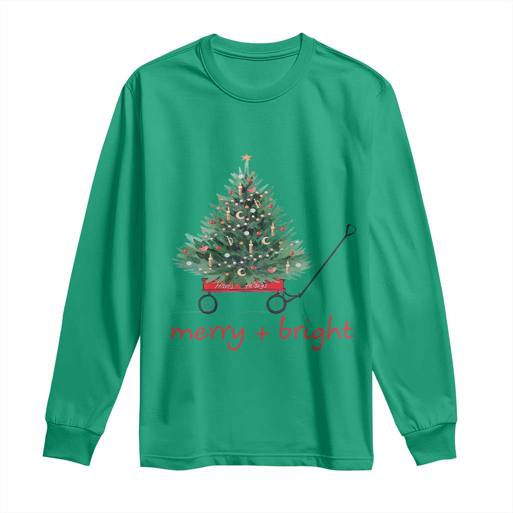 Christmas Long Sleeve Shirt Merry And Bright Retro Xmas Tree Wagon