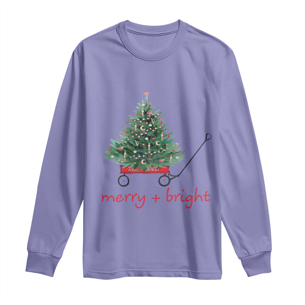 Christmas Long Sleeve Shirt Merry And Bright Retro Xmas Tree Wagon