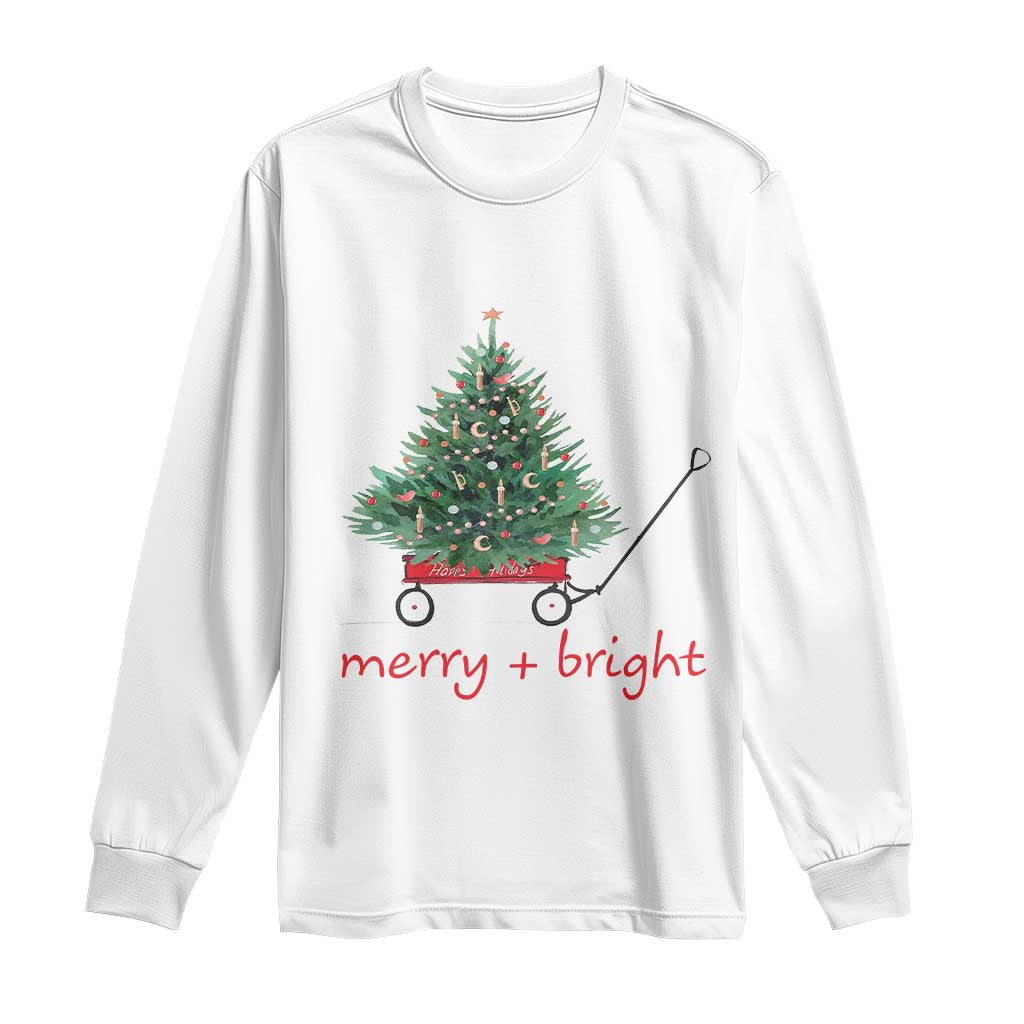 Christmas Long Sleeve Shirt Merry And Bright Retro Xmas Tree Wagon