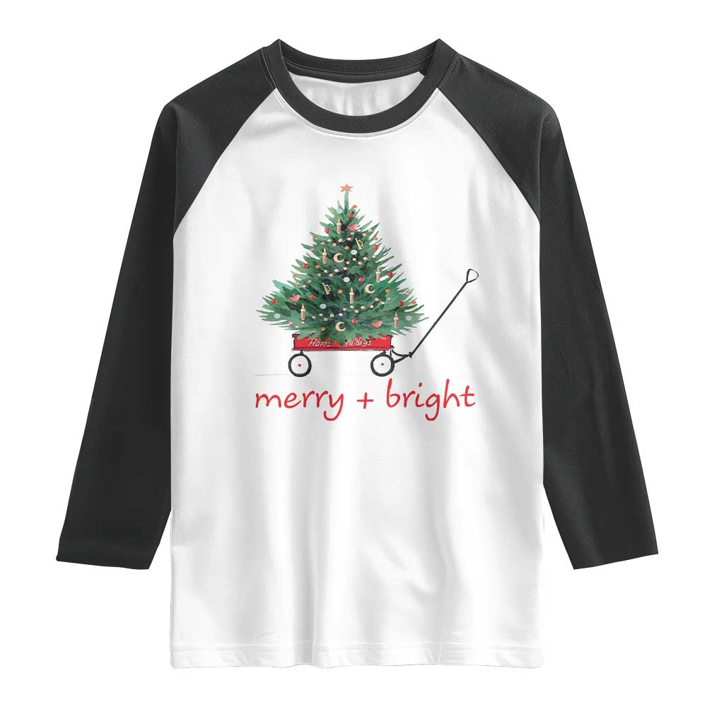 Christmas Raglan Shirt Merry And Bright Retro Xmas Tree Wagon - Wonder Print Shop