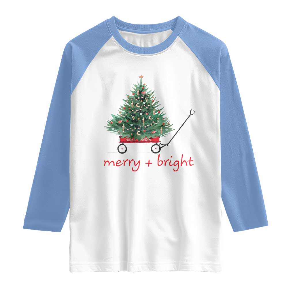 Christmas Raglan Shirt Merry And Bright Retro Xmas Tree Wagon - Wonder Print Shop