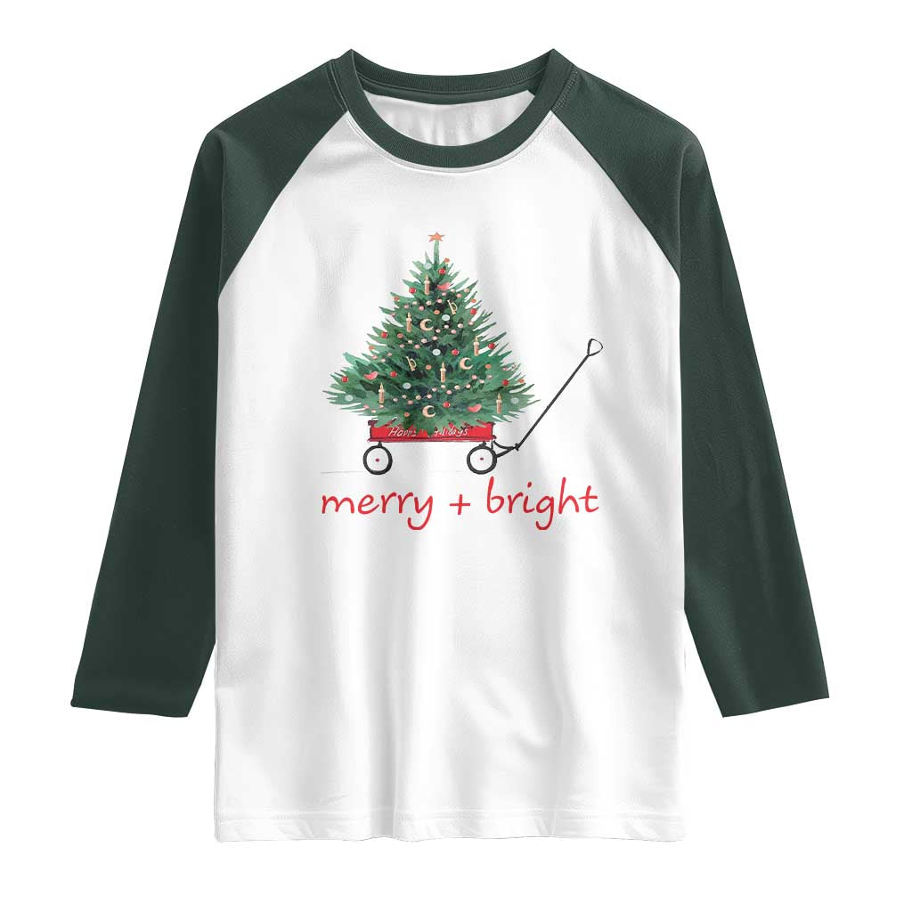 Christmas Raglan Shirt Merry And Bright Retro Xmas Tree Wagon - Wonder Print Shop