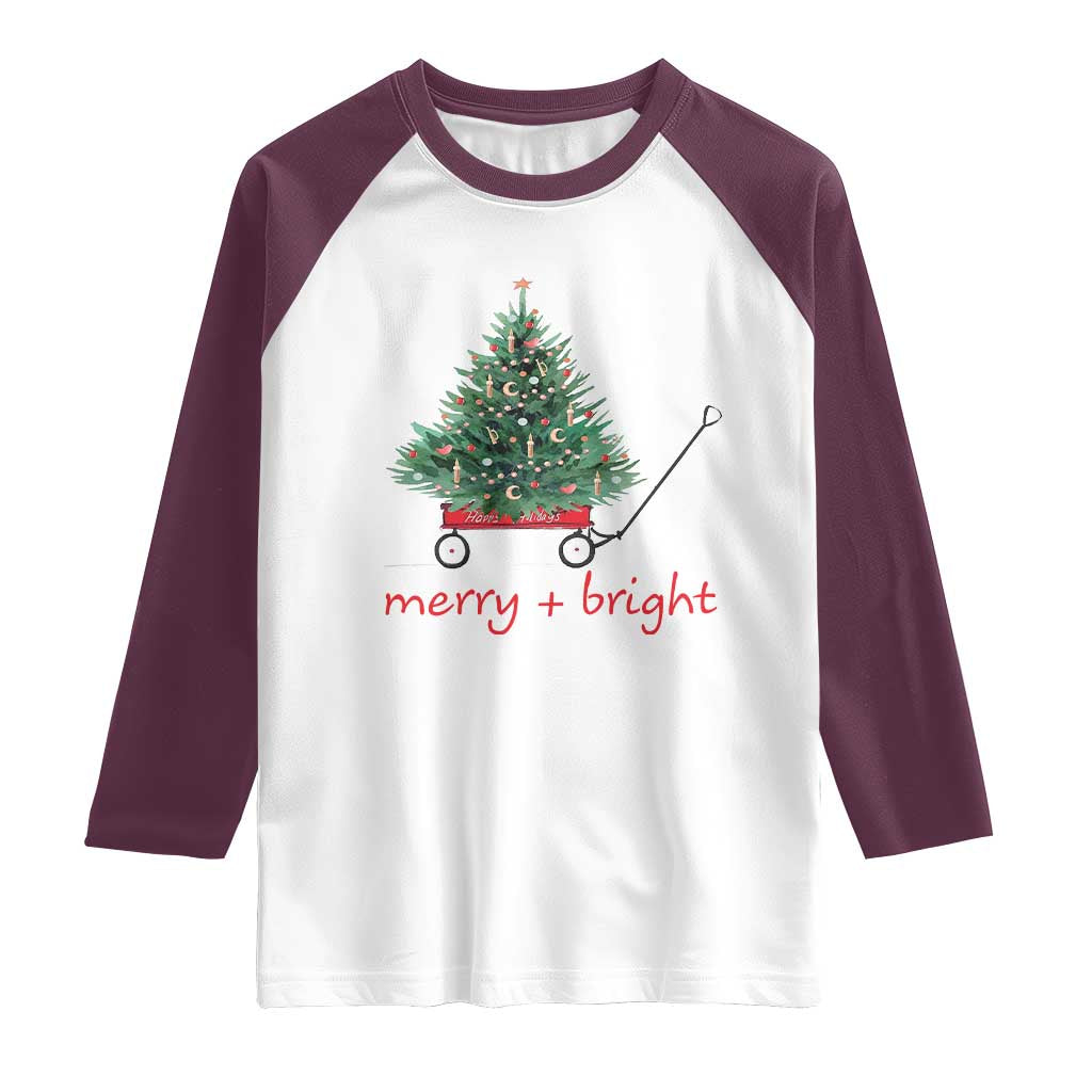 Christmas Raglan Shirt Merry And Bright Retro Xmas Tree Wagon - Wonder Print Shop