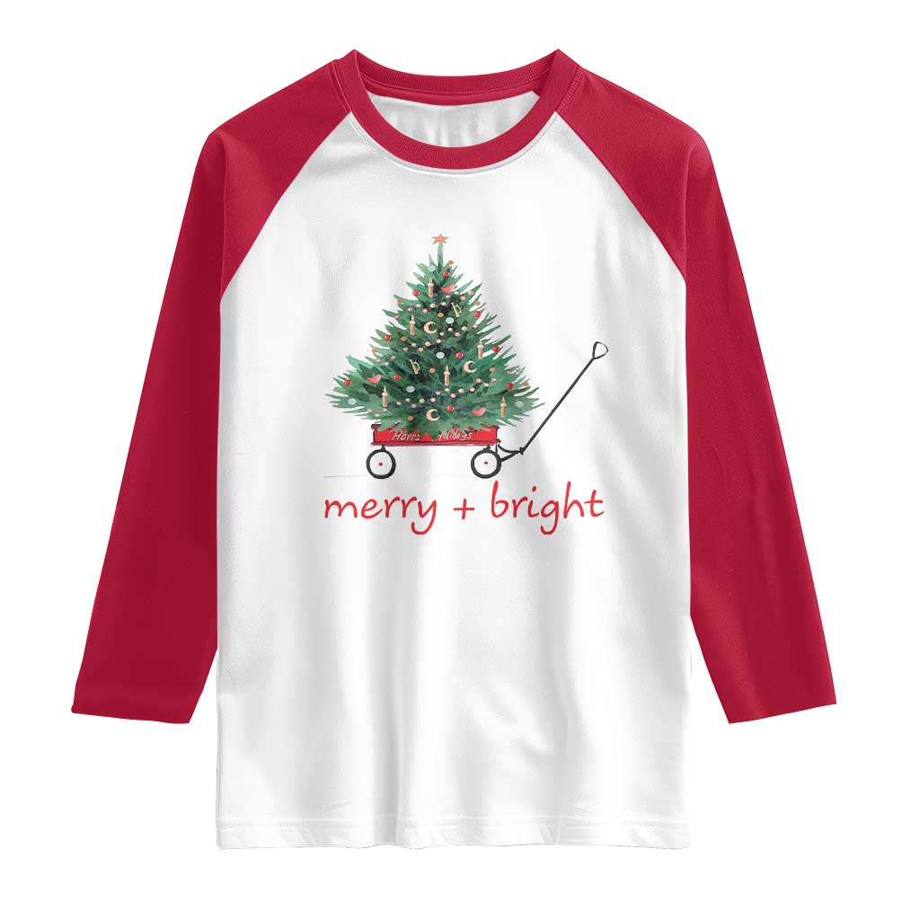 Christmas Raglan Shirt Merry And Bright Retro Xmas Tree Wagon - Wonder Print Shop