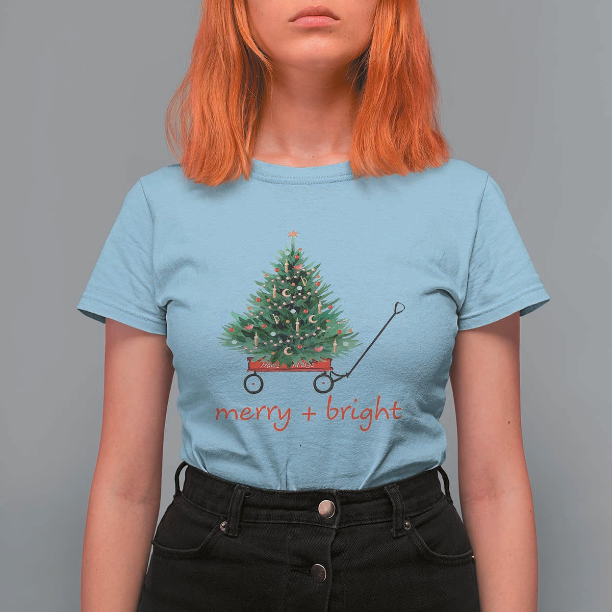 Christmas T Shirt For Women Merry And Bright Retro Xmas Tree Wagon - Wonder Print Shop