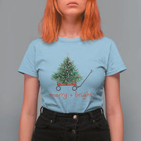 Christmas T Shirt For Women Merry And Bright Retro Xmas Tree Wagon - Wonder Print Shop