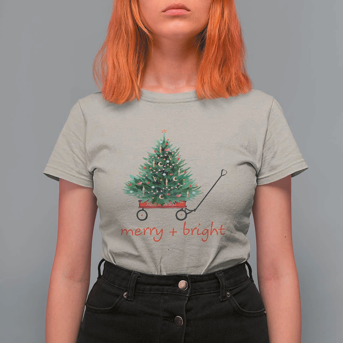 Christmas T Shirt For Women Merry And Bright Retro Xmas Tree Wagon - Wonder Print Shop