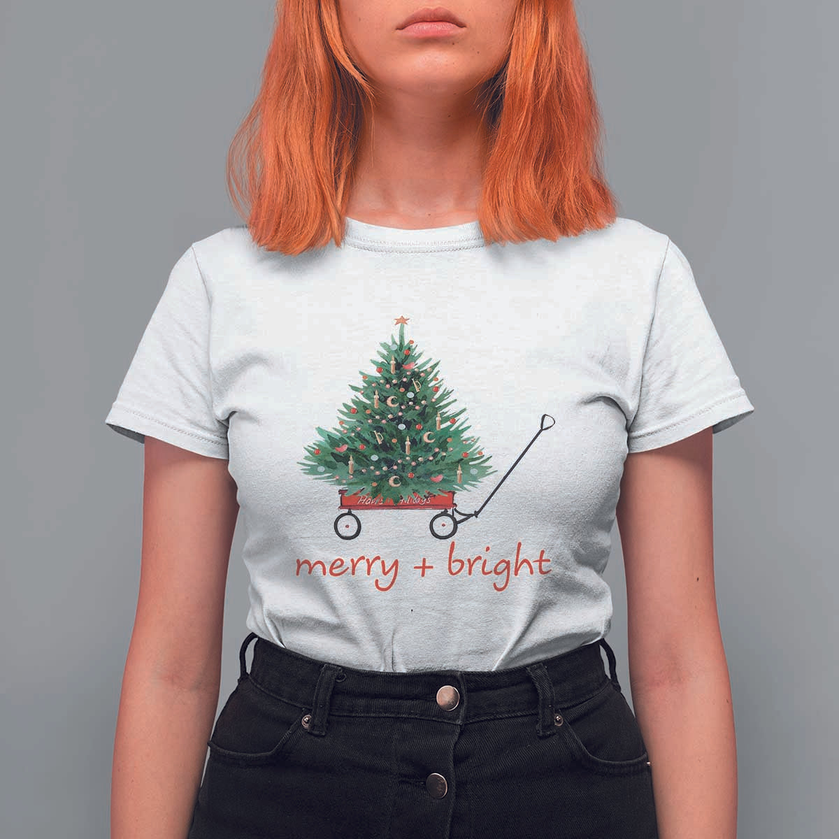 Christmas T Shirt For Women Merry And Bright Retro Xmas Tree Wagon - Wonder Print Shop