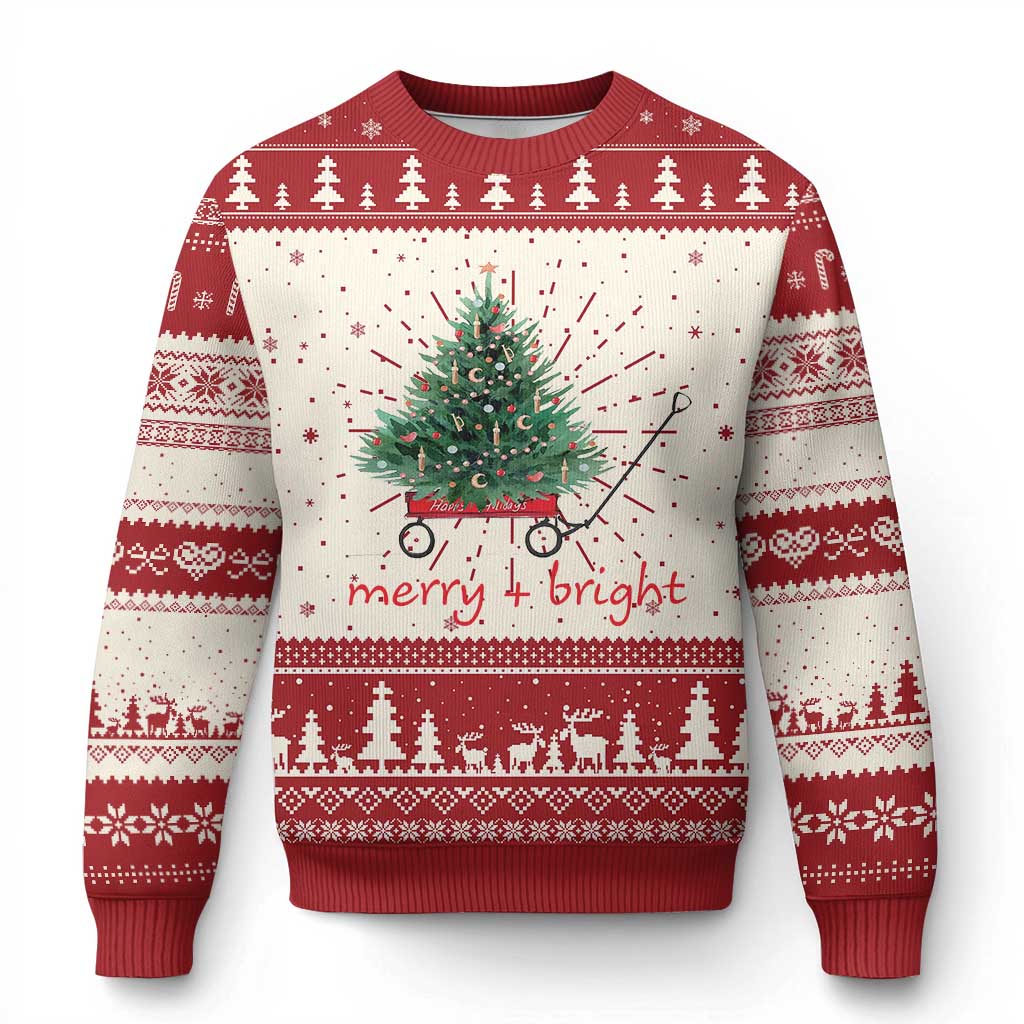 Xmas Ugly Christmas Sweater Merry And Bright Retro Xmas Tree Wagon - Wonder Print Shop