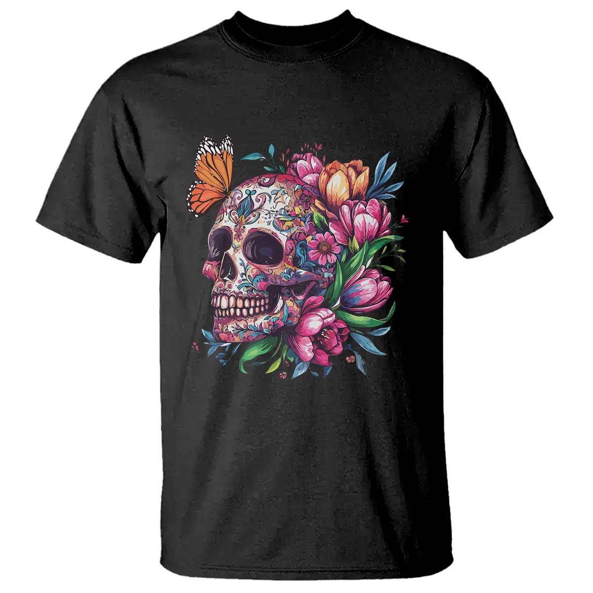 Day Of The Dead T Shirt Vintage Sugar Skull Flower Butterfly - Wonder Print Shop