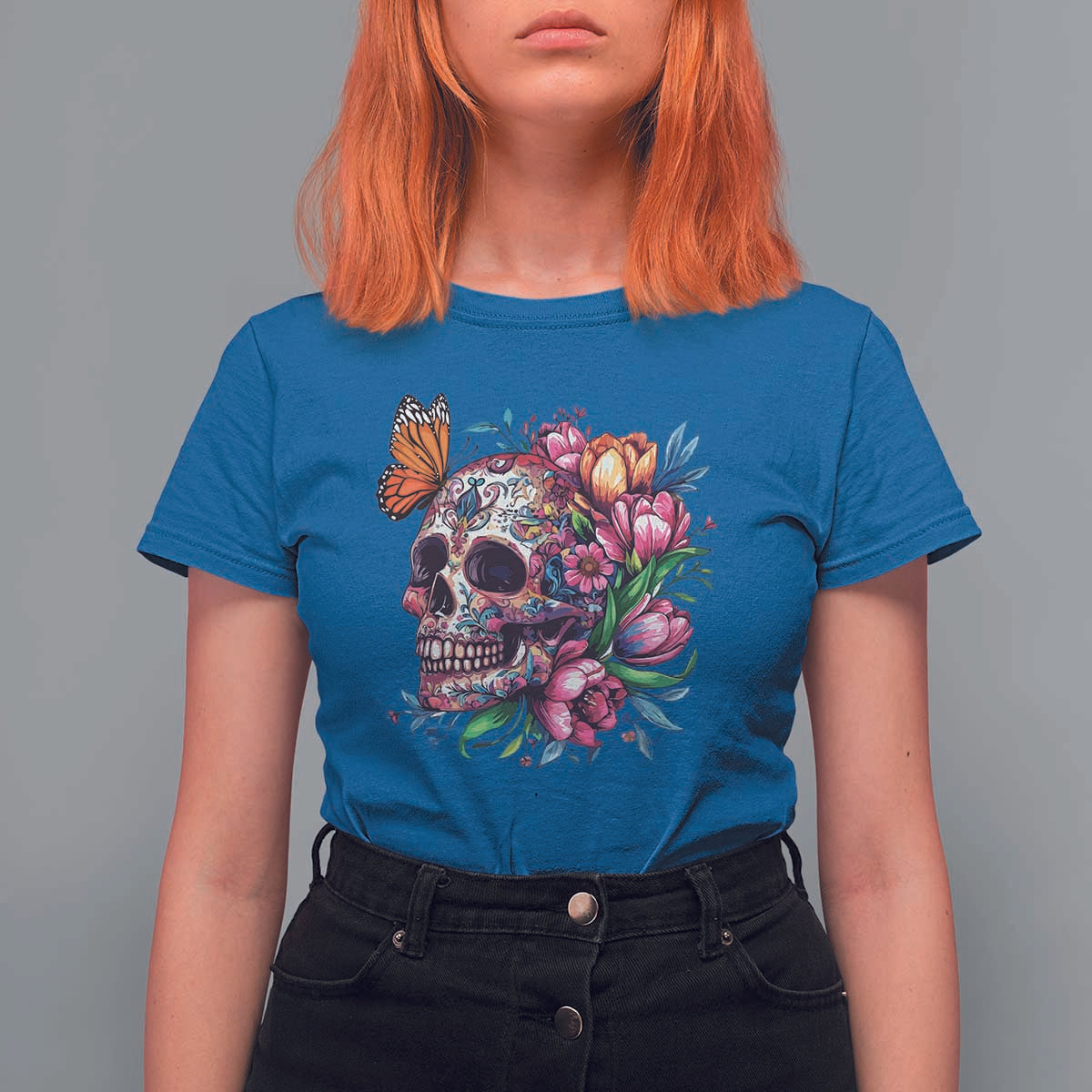 Day Of The Dead T Shirt For Women Vintage Sugar Skull Flower Butterfly - Wonder Print Shop