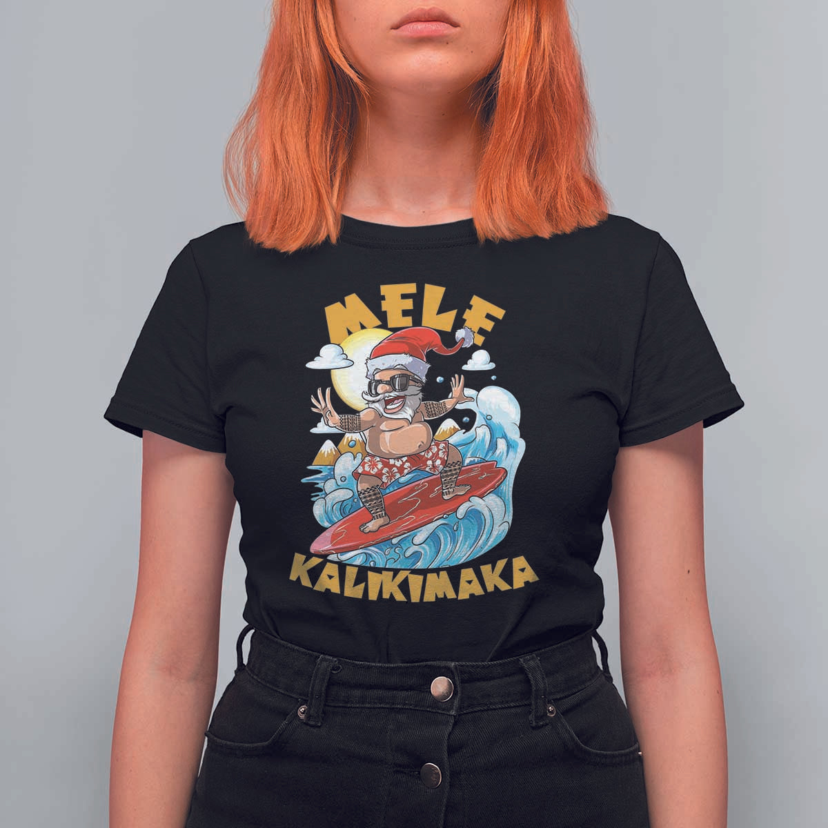 Christmas In Hawaii T Shirt For Women Mele Kalikimaka Surfing Santa Kakau Tattoo - Wonder Print Shop