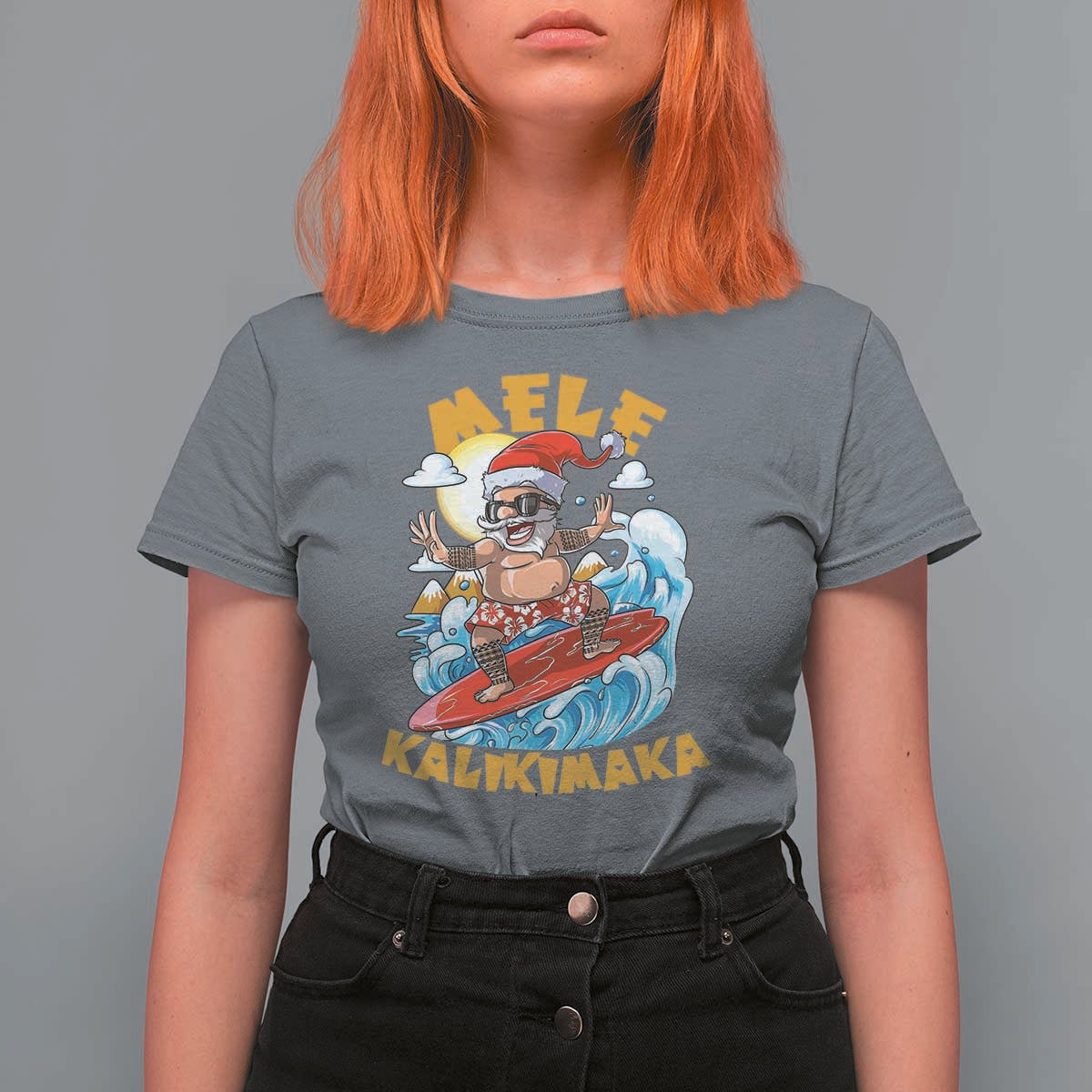 Christmas In Hawaii T Shirt For Women Mele Kalikimaka Surfing Santa Kakau Tattoo - Wonder Print Shop
