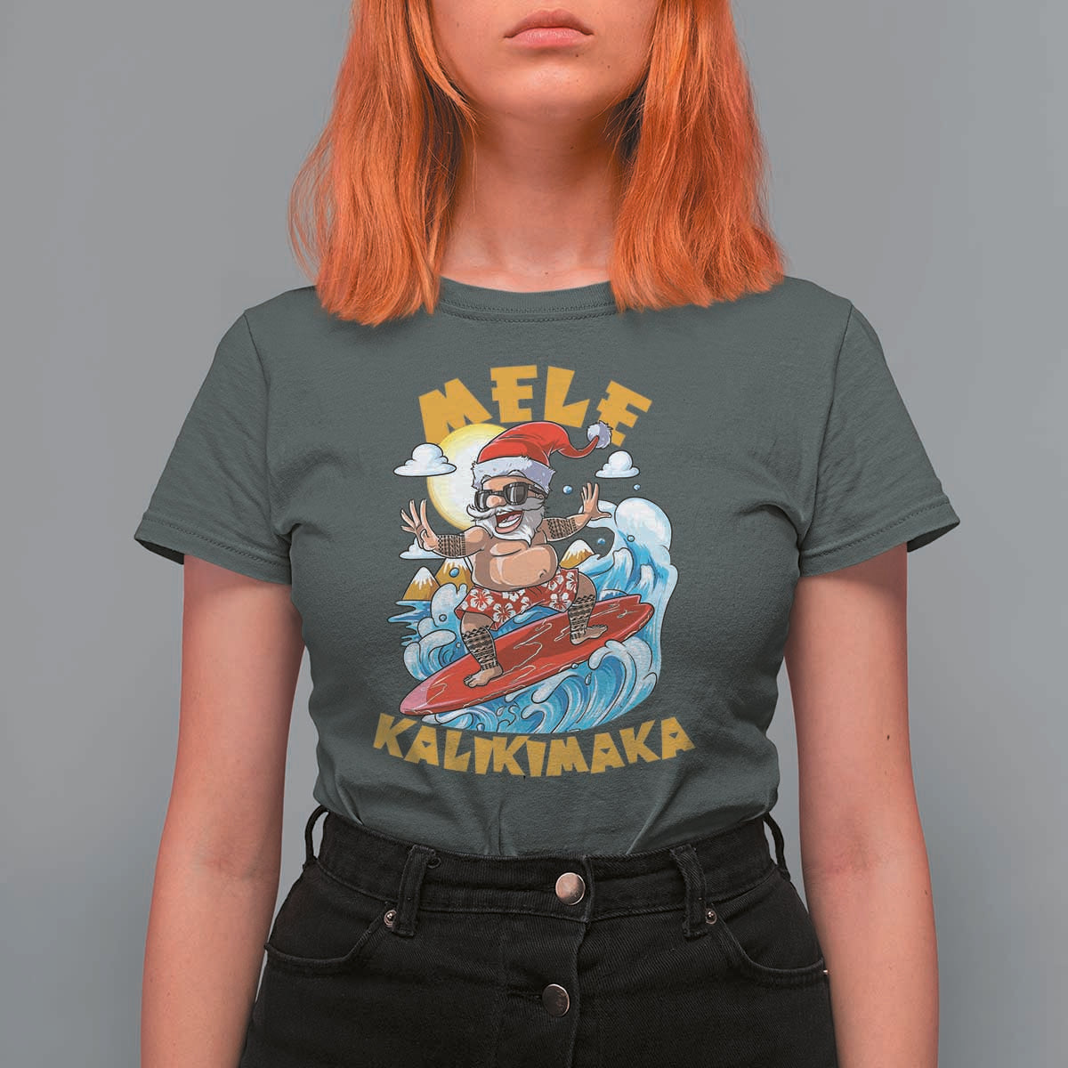 Christmas In Hawaii T Shirt For Women Mele Kalikimaka Surfing Santa Kakau Tattoo - Wonder Print Shop
