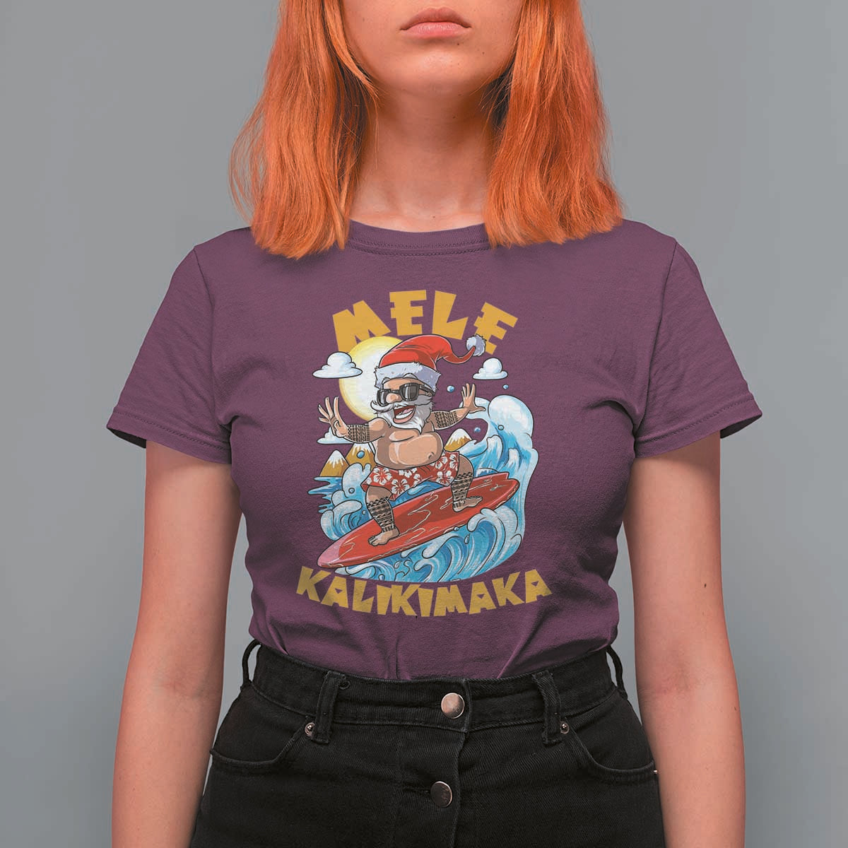 Christmas In Hawaii T Shirt For Women Mele Kalikimaka Surfing Santa Kakau Tattoo - Wonder Print Shop