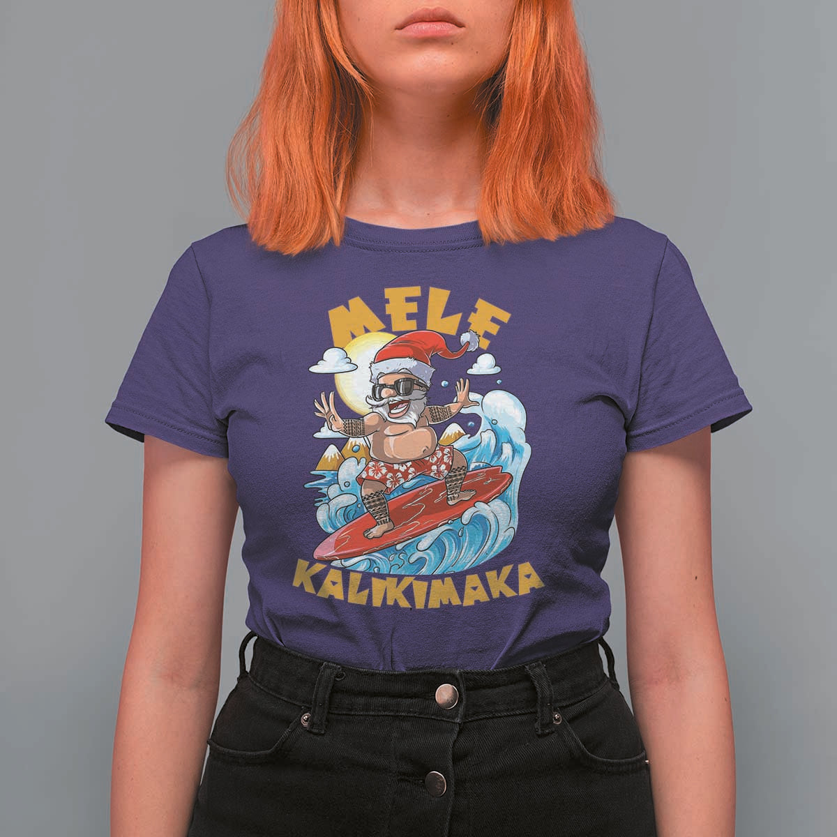 Christmas In Hawaii T Shirt For Women Mele Kalikimaka Surfing Santa Kakau Tattoo - Wonder Print Shop