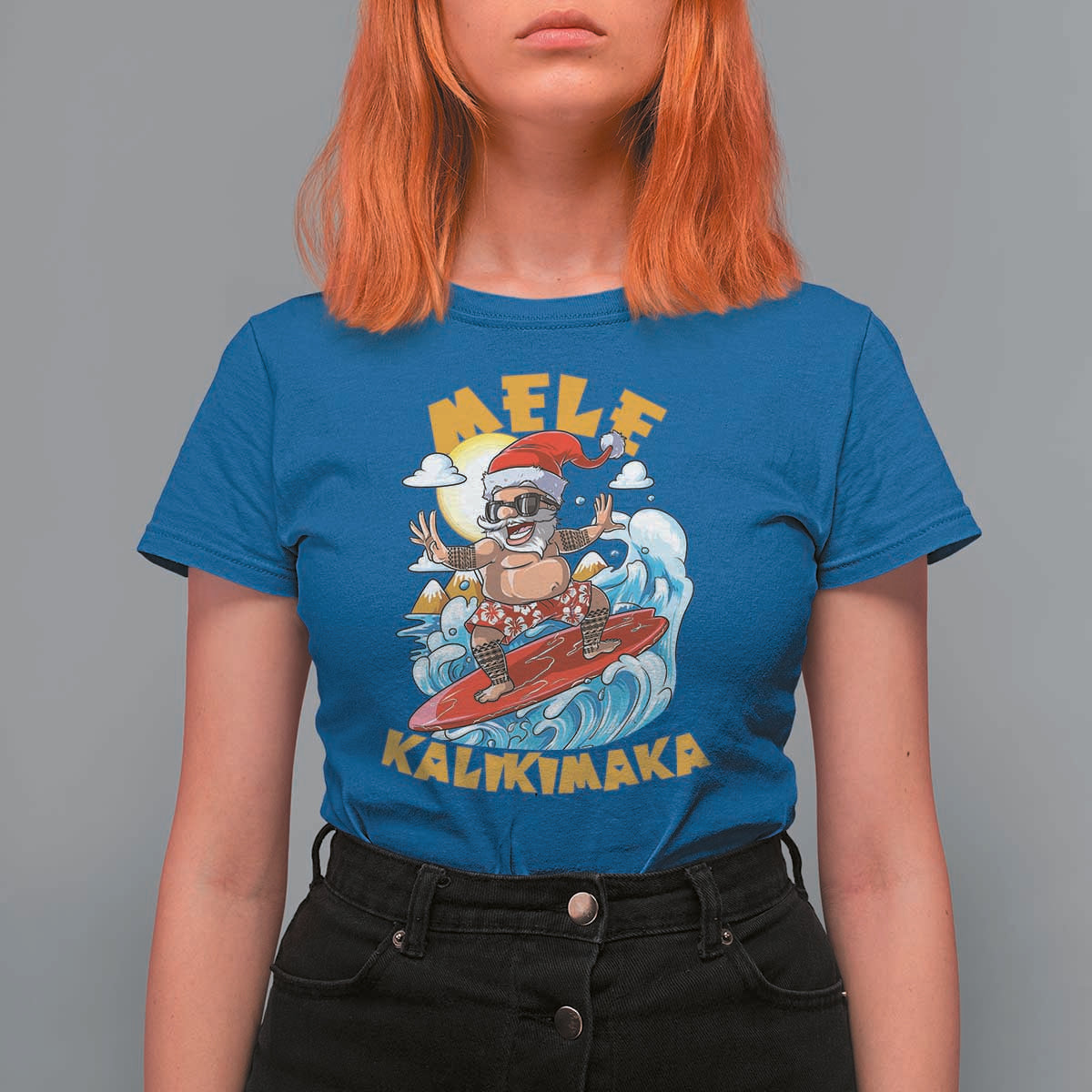 Christmas In Hawaii T Shirt For Women Mele Kalikimaka Surfing Santa Kakau Tattoo - Wonder Print Shop