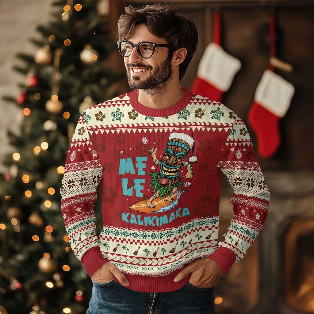 Christmas In Hawaii Ugly Christmas Sweater Mele Kalikimaka Santa Tiki Surfing Kakau Tattoo - Wonder Print Shop