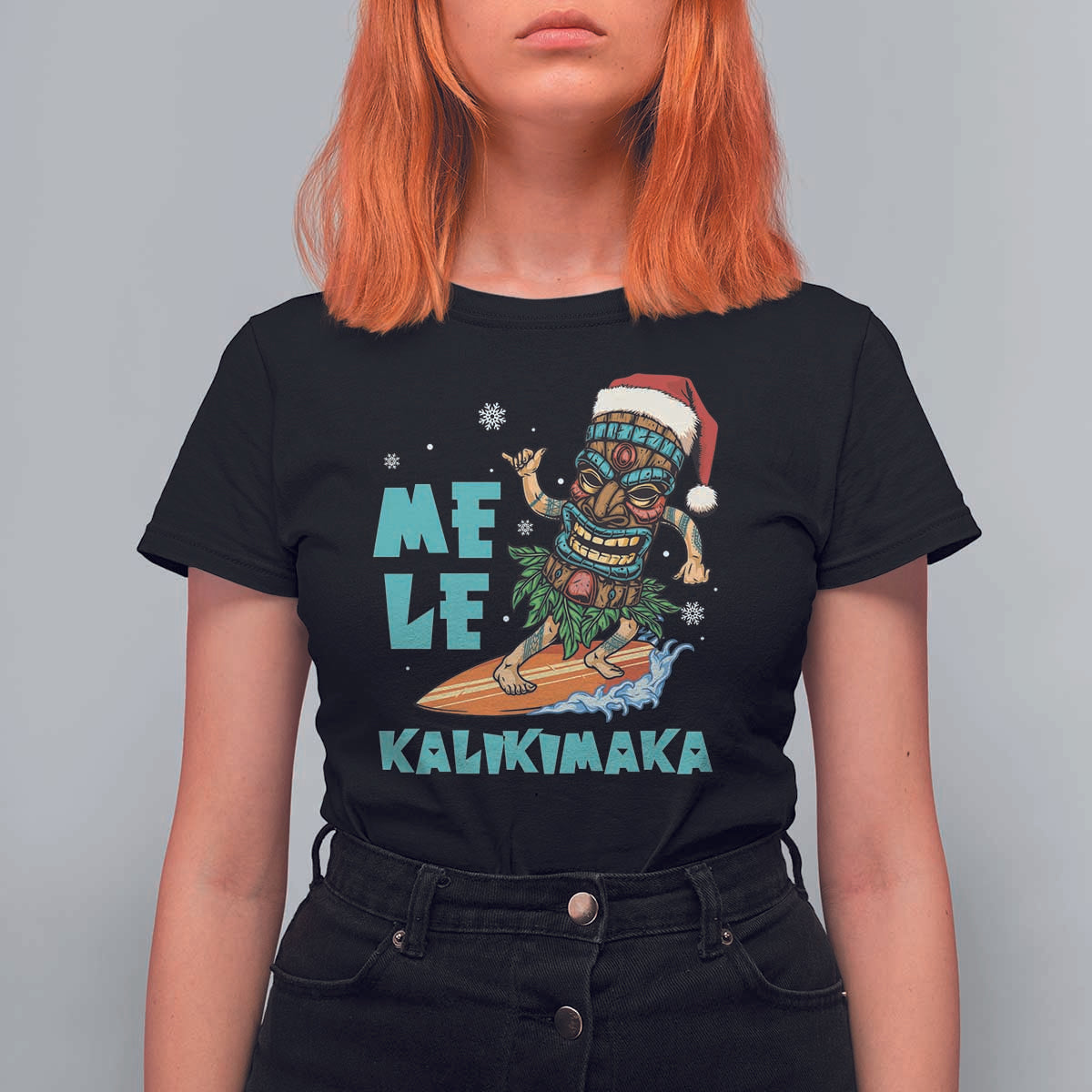 Christmas In Hawaii T Shirt For Women Mele Kalikimaka Santa Tiki Surfing Kakau Tattoo - Wonder Print Shop